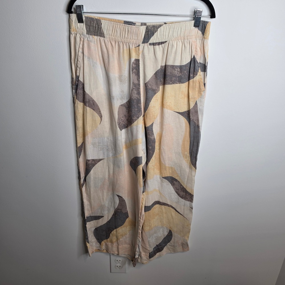 Rachel Zoe Linen Pants Womens Large Tan Yellow Gray Wide Leg Abstract Print
